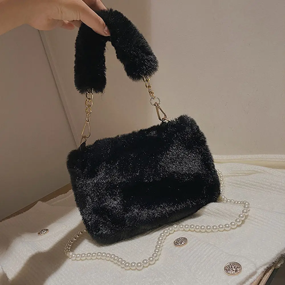 

Women Coin Purse Handbag Soft Fluffy Furry Pearl Chain Bag Plush Shoulders Bags Plush Tote Bags Phone Bag