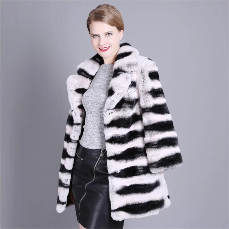 Natural Rex Rabbit Fur Coat Suit Collar 70cm Medium Long Fur Coat for Women Chinchilla Color Real Fur Winter Jacket