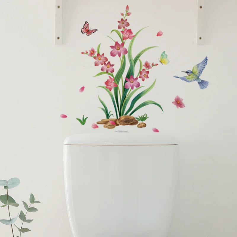 

Flowers Grass Birds Butterflies Wall Stickers Bathroom Toilet Decor Decals Home Decoration Beautiful Self-adhesive Wallpaper
