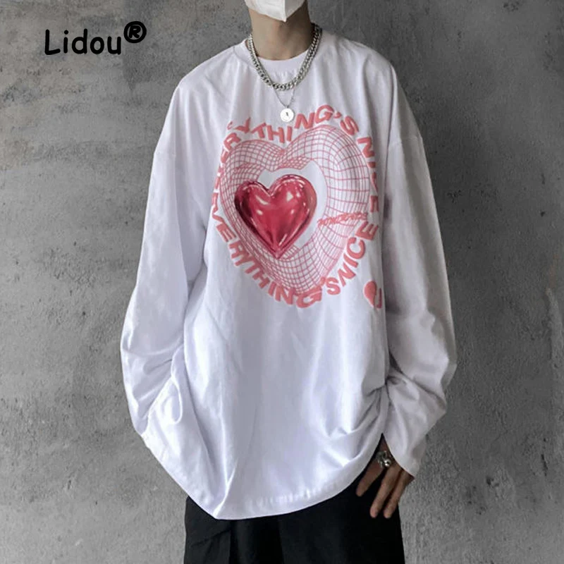 

High Street Fashion Harajuku Printing Heart Letter Loose White T-shirt New Long Sleeve Round Neck Extended Section All-match Top