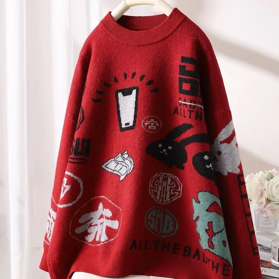 Korean fashion round neck long section long sleeve cartoon pullover cute knitted jumper ladies loose warmredjumperOnesizefitsall