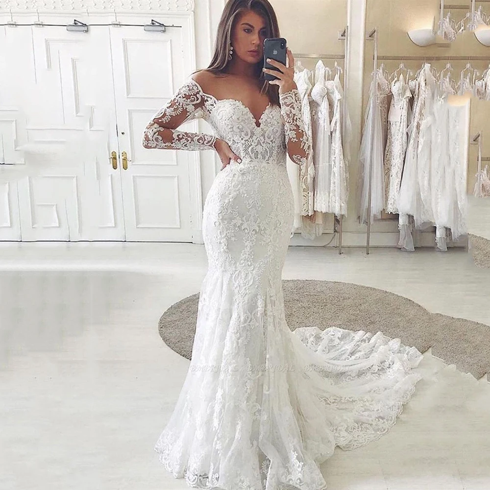 Купи Msikoods Long Sleeve Mermaid Wedding Dress Boho V Neck Wedding Dress Lace Elegant Bridal Dress Women Wedding Gown Robe Mariage за 8,813 рублей в магазине AliExpress