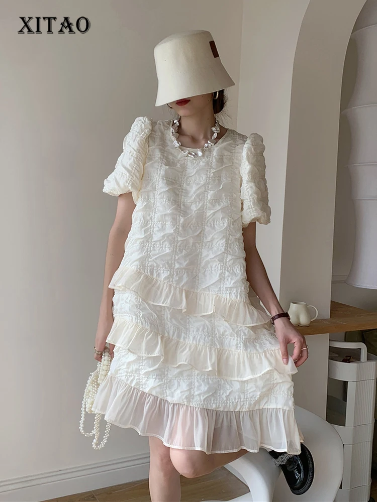 

XITAO Soldier Color Crumpled Dress Fashion Edible Tree Fungus Decorate Hem Summer New Women Folds Puff Sleeve Dress WLD8272