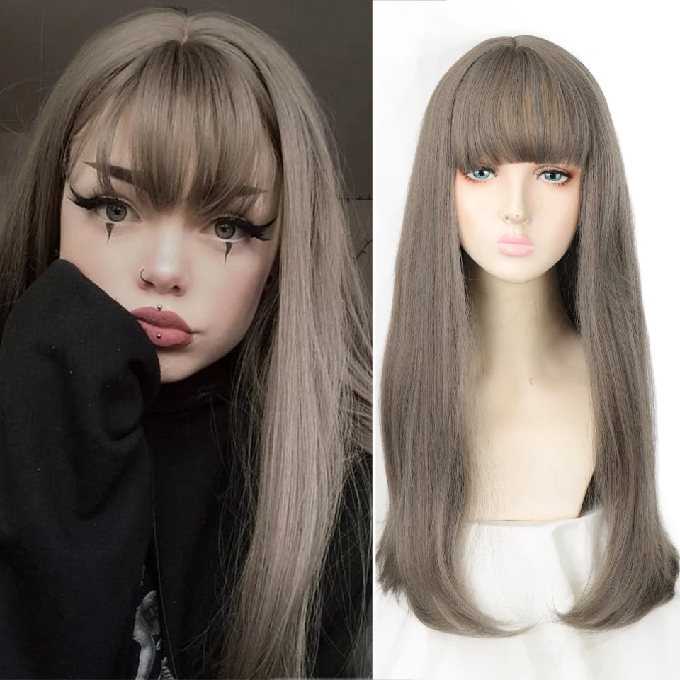 HOUYAN synthetic long straight hair wig Aoki linen grey bangs cosplay Lolita girl wig heat resistant party wig