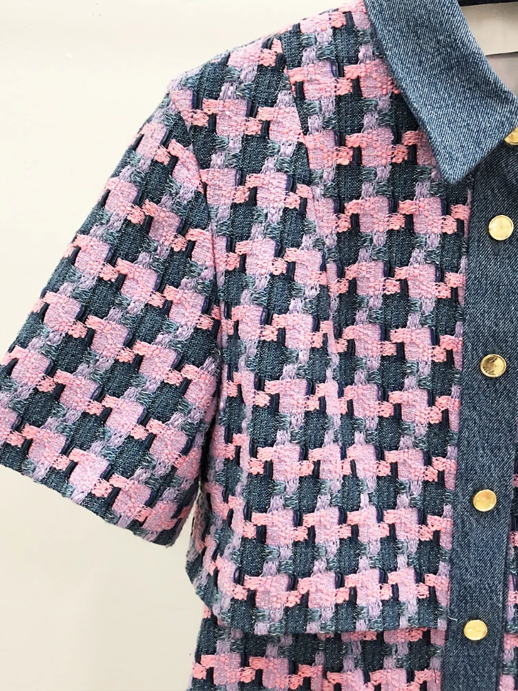 

Women Denim Patchwork Plaid Mini Dress 2023 Spring Tweed Short Sleeve Lapel Buttons Elegant Party Fake Two Dresses Vestidos