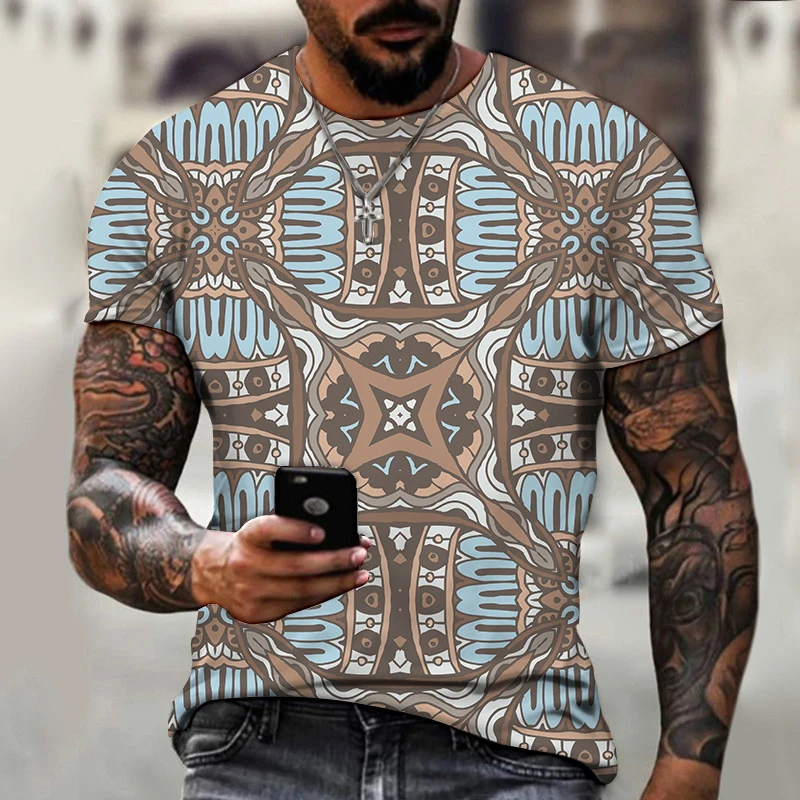 

2023 Men's T-shirt Round Neck Retro National Style 3D Printing Casual Men's Clothing New Loose Short-sleeved Sports