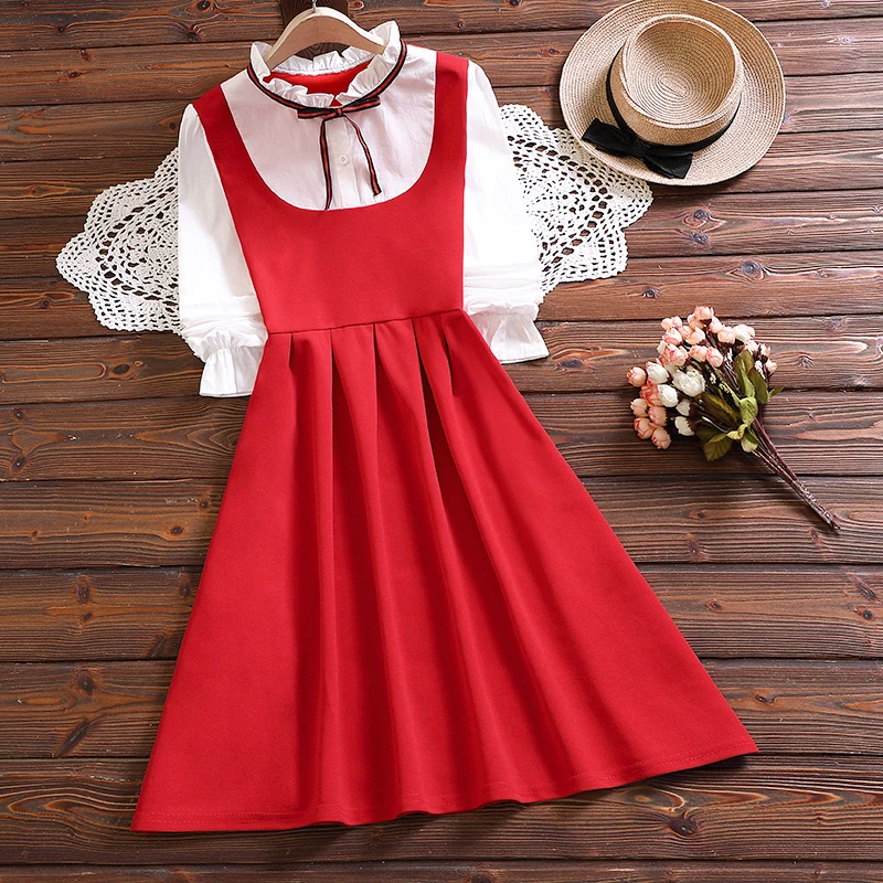 

Mori girl elegant red vestidos new spring fashion long sleeve women solid dress