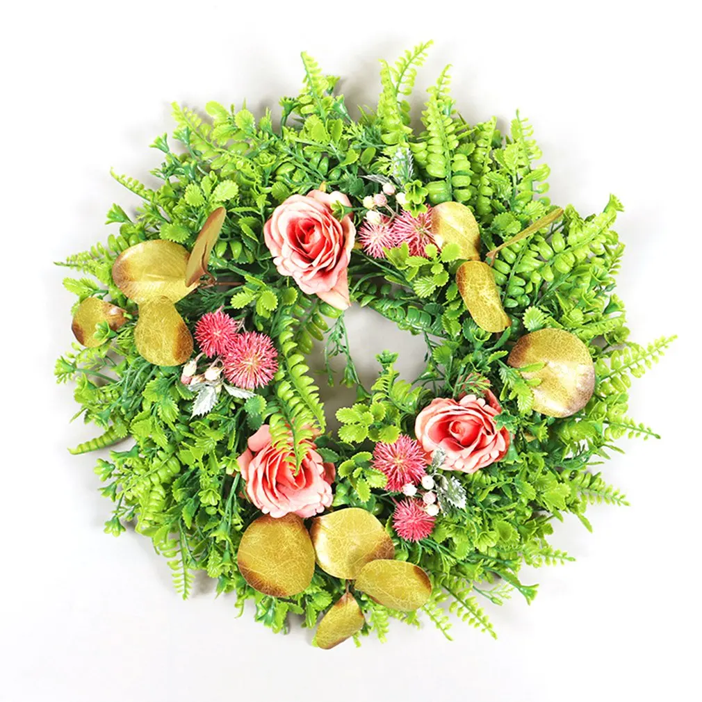

Искусственный папоротник, лист эвкалипта, роза, пластиковый круглый венок, зеленое растение, пластиковый венок