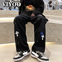 hip hop mens y2k clothes black white jeans wide baggy printed pants denim for teenager straight trousers teachwear streetwear