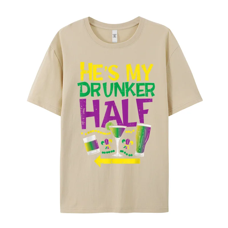 Retro Male Tops Tees Hes My Drunker Half Matching Letter T Shirt All Cotton Short Sleeve Leisure T-Shirt Round Neck