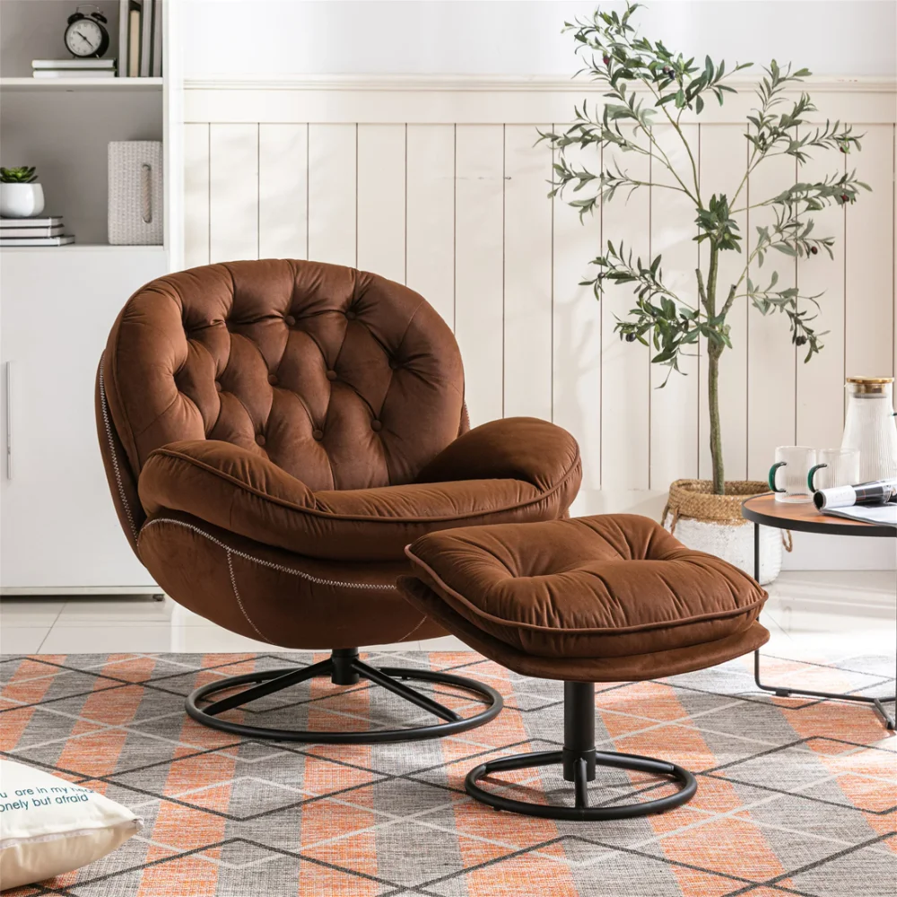 

Aukfa Swivel Accent Chair with Ottoman- Tufted Back- Morden Velvet Recliner Reading Chair- 360-degree Swivel Base- Brown