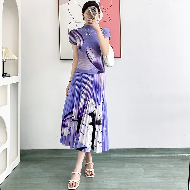 

Женская блузка с коротким рукавом и принтом, плиссированная юбка, облегающий комплект из 2 предметов с воротником-стойкой, лето 2023