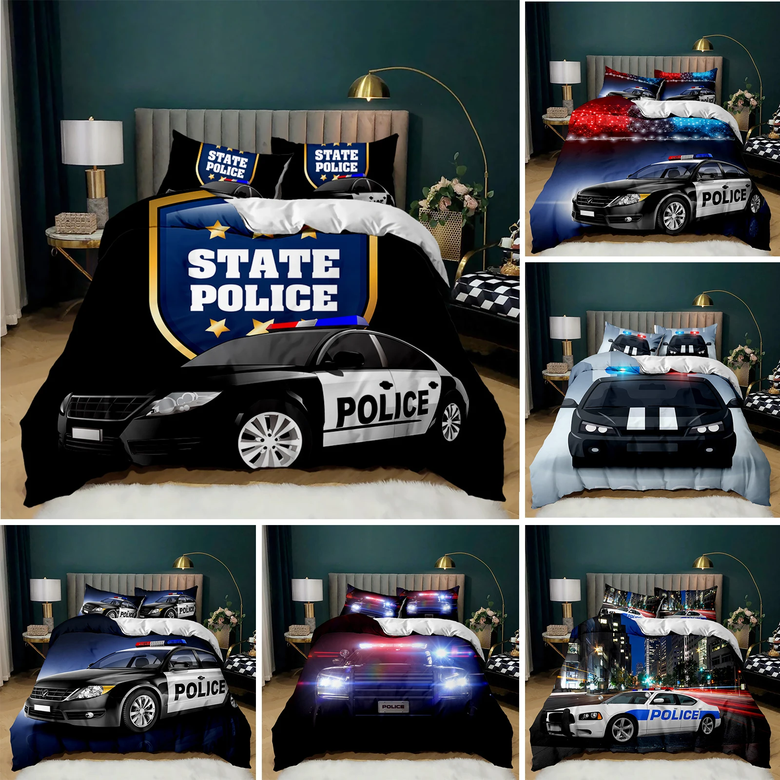 

Police Duvet Cover Car Black Policeman Car Twin Bedding Set Cartoon Vehicle Comforter Cover Red Cop Lights Polyester Quilt Cover