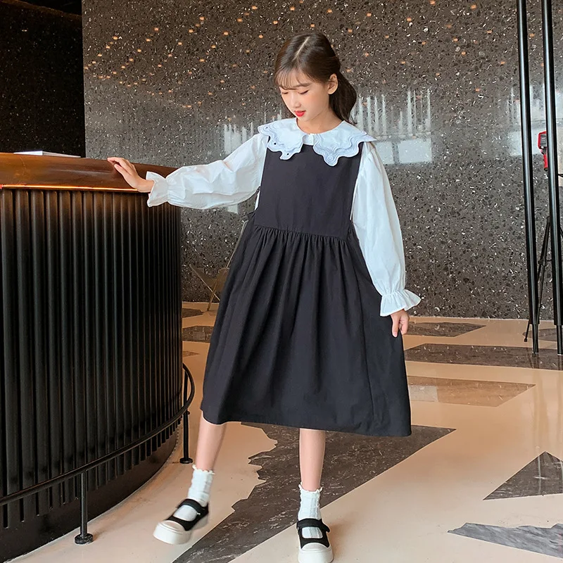 

Autumn Girls Clothing Set Long Sleeve White Blouse Black Vest Dress Two Pieces Children Costumes 13 14 Years School Kids Outfits