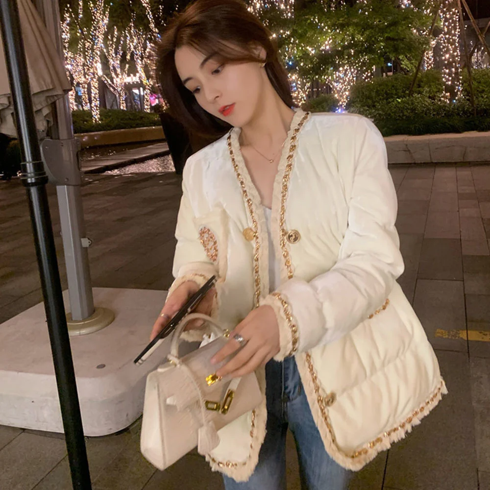 

Классические маленькие очаровательные ветрозащитные куртки на хлопковом наполнителе, Женское зимнее теплое пальто с комбинированными кисточками, утепленное Женское пальто с V-образным вырезом, новинка 2021