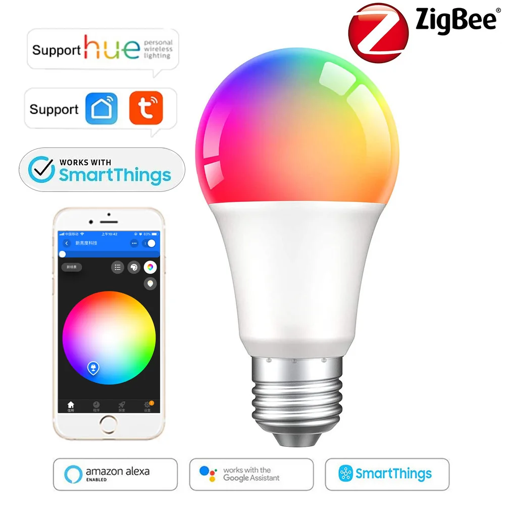 

Умная светильник почка Zigbee с Wi-Fi, лампочка с изменением цвета RGB, 9 Вт, E26, E27, B22, 85-265 в, приложение для управления домом Google Home