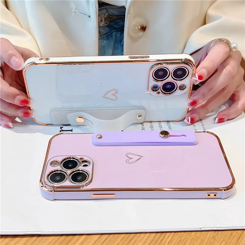 

Wrist Strap Phone Case Love Heart For iPhone 13 11 12 Pro Max XR XS Max X 7 8 Plus 13 Pro 11 Soft Plating Bumper Kickstand Cover