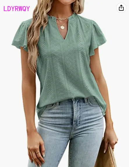 

2023 Summer European and American Women's New Jacquard V-neck Stacked Sleeve Short Sleeve T-shirt Top