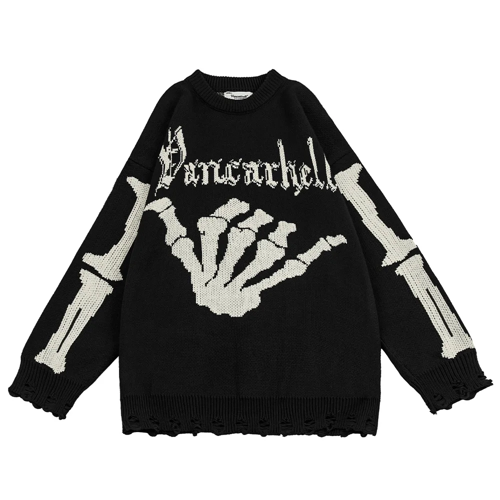 

2022 Men Streetwear Sweater Skeleton Graphic Hip Hop Knitted Sweater Harajuku Casual Loose Cotton Ripped Pullover Sweater Unisex