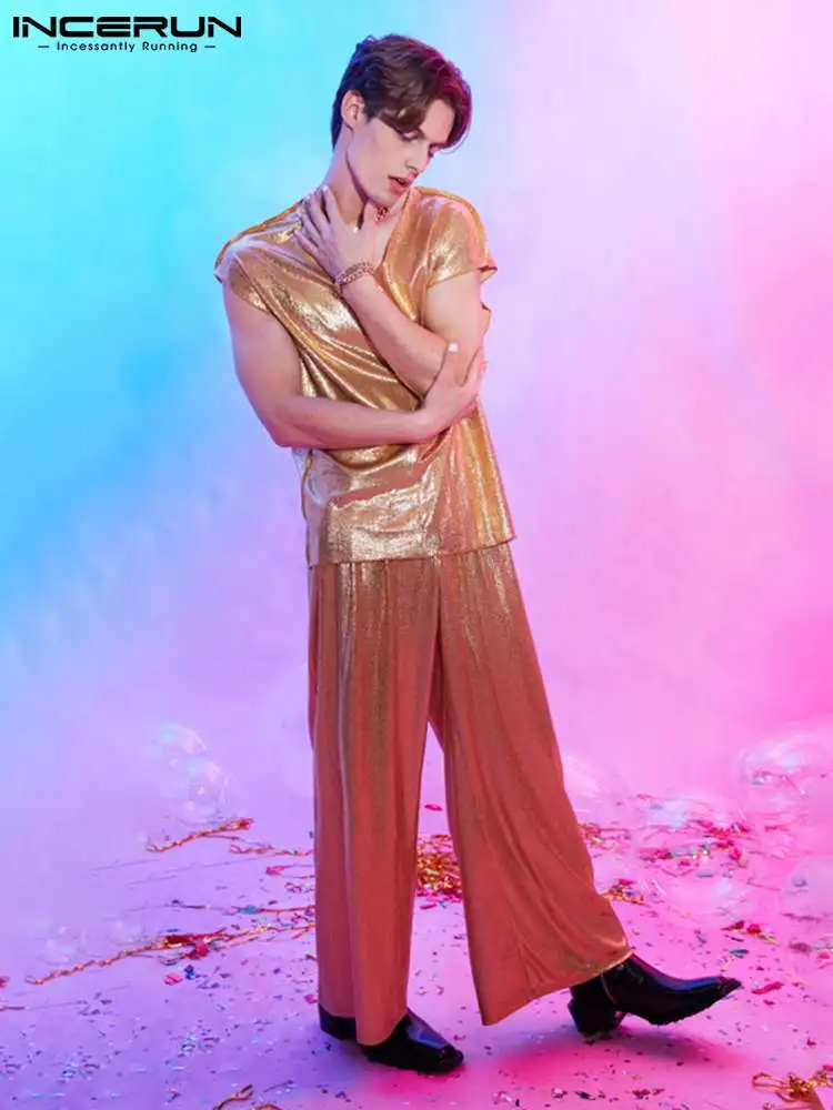 

INCERUN Casual All-match Trousers New Men Shiny Coated Pantalons Stylish Male Hot Sale Sparkling Party Wear Wide Leg Pants S-5XL