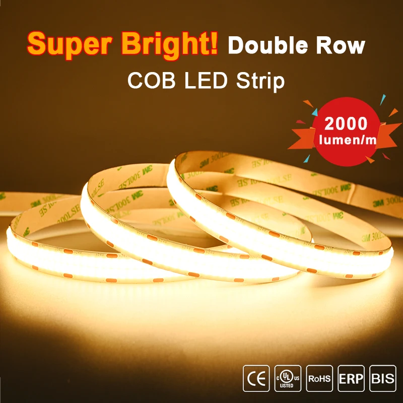 

COB LED Strip Double Row 600 LEDs/m Super Bright High Density Flexible Tape 3000K 4000K 6500K Led Lighting Dimmable RA90 DC24V