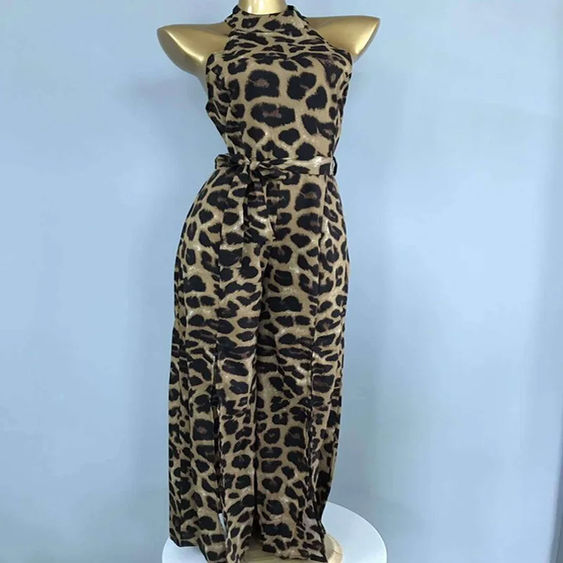 Women's Summer Sexy Leopard Print Sleeveless Lace-up Long Open Jumpsuit Street Party Dress Leopard Print Wide Leg Jumpsuit