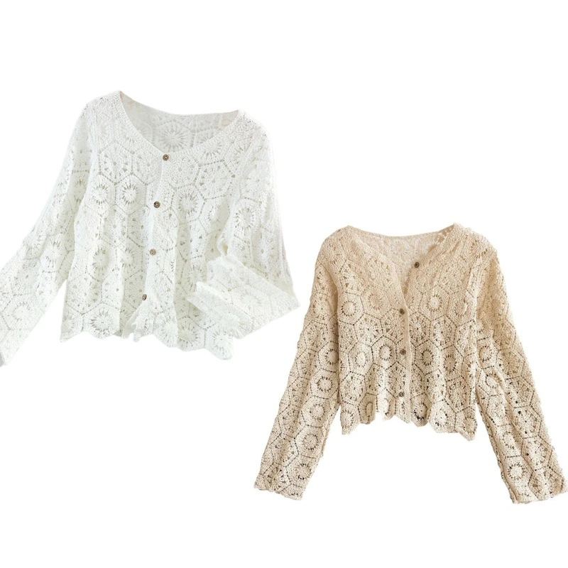 

Women Long Sleeves Blouse Tops Solid Thin Knit Cardigan Hollow Crochet Tee Shirt