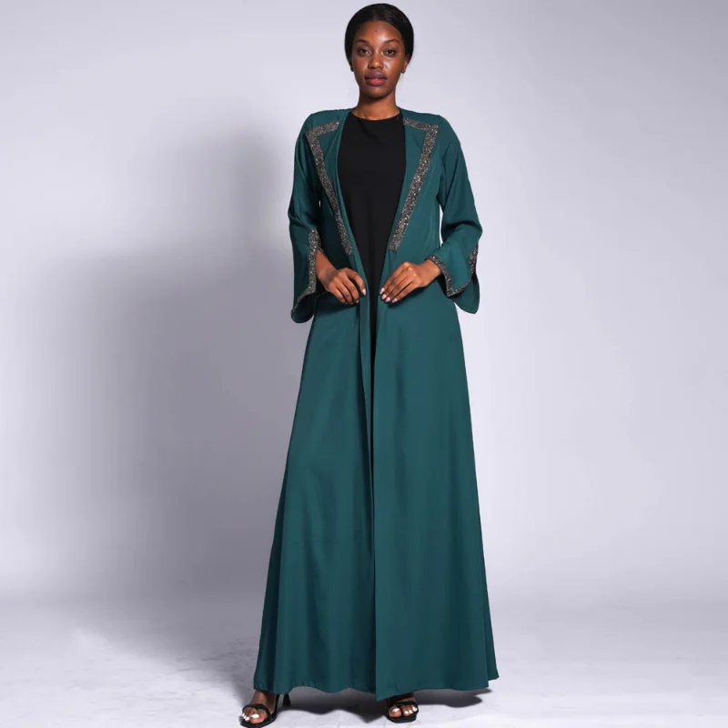 Muslim Fashion Women's Outer Wear Solid Color Hot Diamond Cuff Slit A-line Long Skirt Abaya Dubai Islamic Clothing for Women New