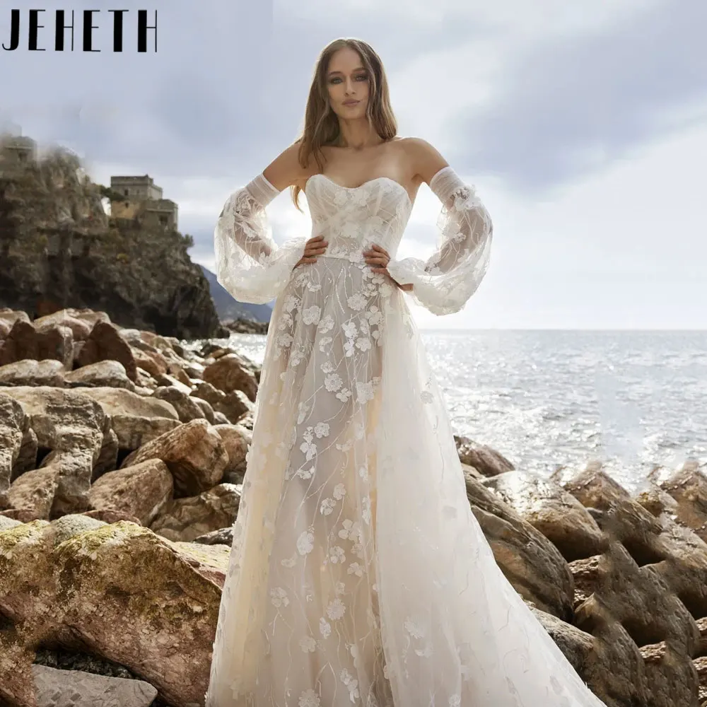 Фото Пляжное платье JEHETH со съемными пышными рукавами, свадебные платья а-силуэта, очаровательное женское платье с открытой спиной и кружевной аппликациейПляжное платье JEHETH со съемными пышными рукавами, свадебные плать №1