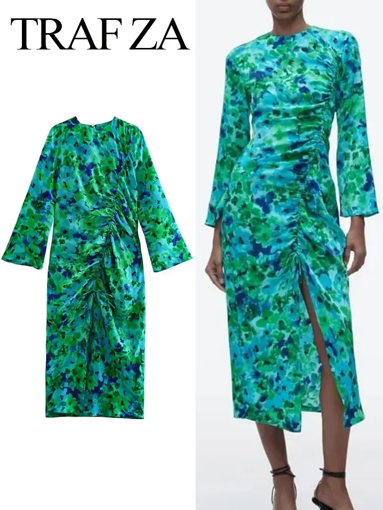 

TRAFZA Women's Vintage O Neck Long Sleeve Female Dresses Vestidos Muje Fashion Front Ruched With Tied Floral Print Midi Dress