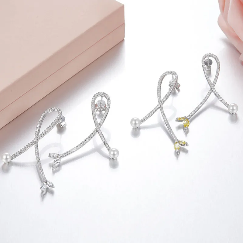 

Крест серьги в виде листиков в стерлинговом серебре, с украшением в виде кристаллов желтого циркония Жемчуг в форме листа, роскошная Свадеб...