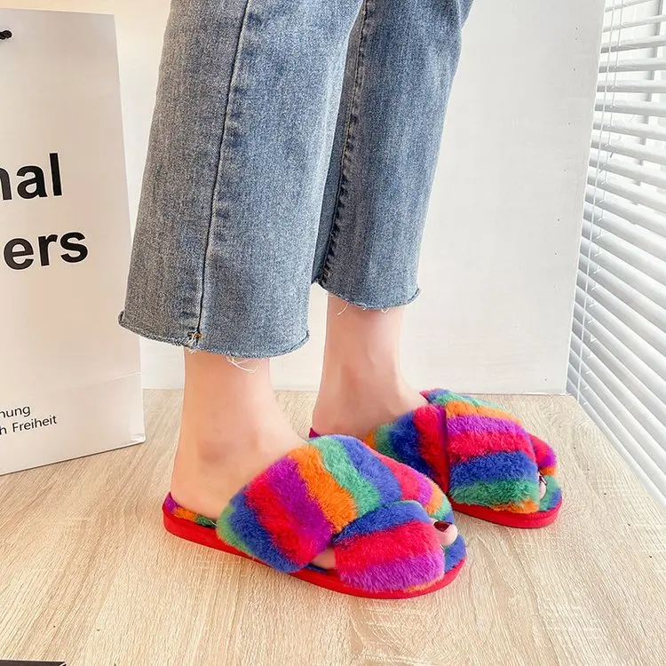 

2022 Women's Winter Fluffy Slippers, Flat Shoes, Warm Multicolor Indoor Slippers, Cross Plush Open-toed Women's Slippers