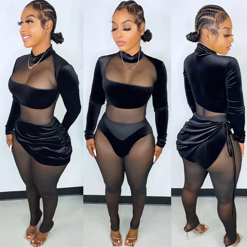 Черный комбинезон Zoctuo женский сексуальный осенний сетчатый прозрачный