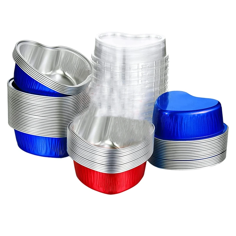 

100 Sets Aluminum Foil Cake Pan Heart Shaped Cupcake Cup With Lids 100Ml/ 3.4 Ounces Disposable Heart Mini Bakeware Pans