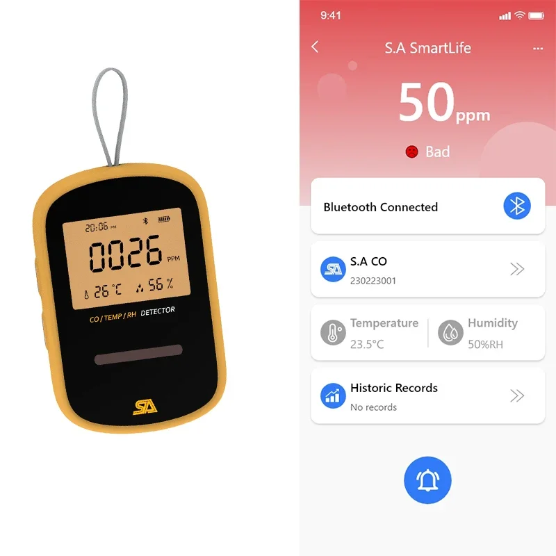 Дорожная газовая сигнализация CO детектор угарного газа Bluetooth с температурой и
