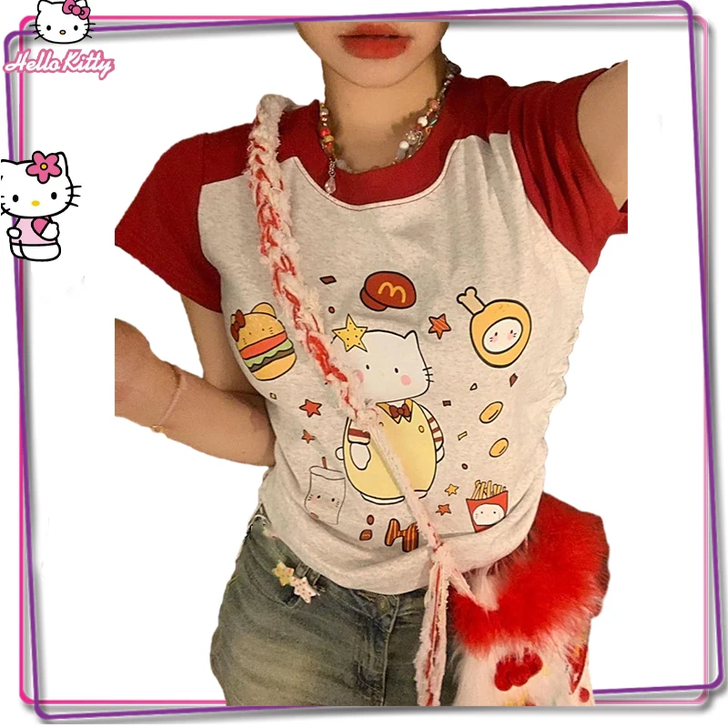 

Sanrio Hello Kitty Cartoon Short Sleeve Y2K Women's Summer Print T-Shirt Loose and Comfortable Sweet Girl Kt Cat Top Gift