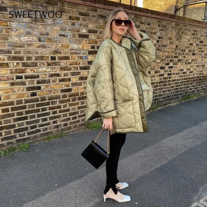 Autumn Winter Women Loose Jackets Thin Parka Oversize Coats Round Neck Outwear Female Coats Long Sleeve Cotton Clothing