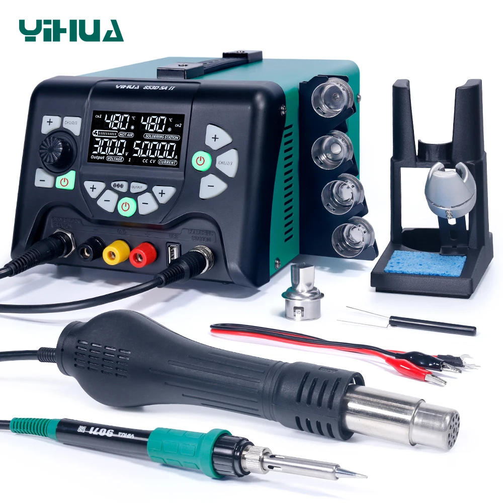 

YIHUA 853D 5A II DC Power Supply 30V 5A With 970W Hot Air Soldering Iron Rework Station Repair Welding Tools