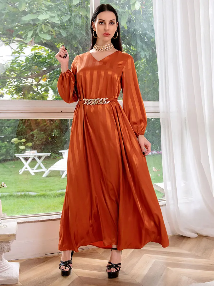 Жаккардовое атласное длинное платье Jalabiya, арабское женское платье с металлическим поясом, марокканский мусульманский ислам, яркое платье д...