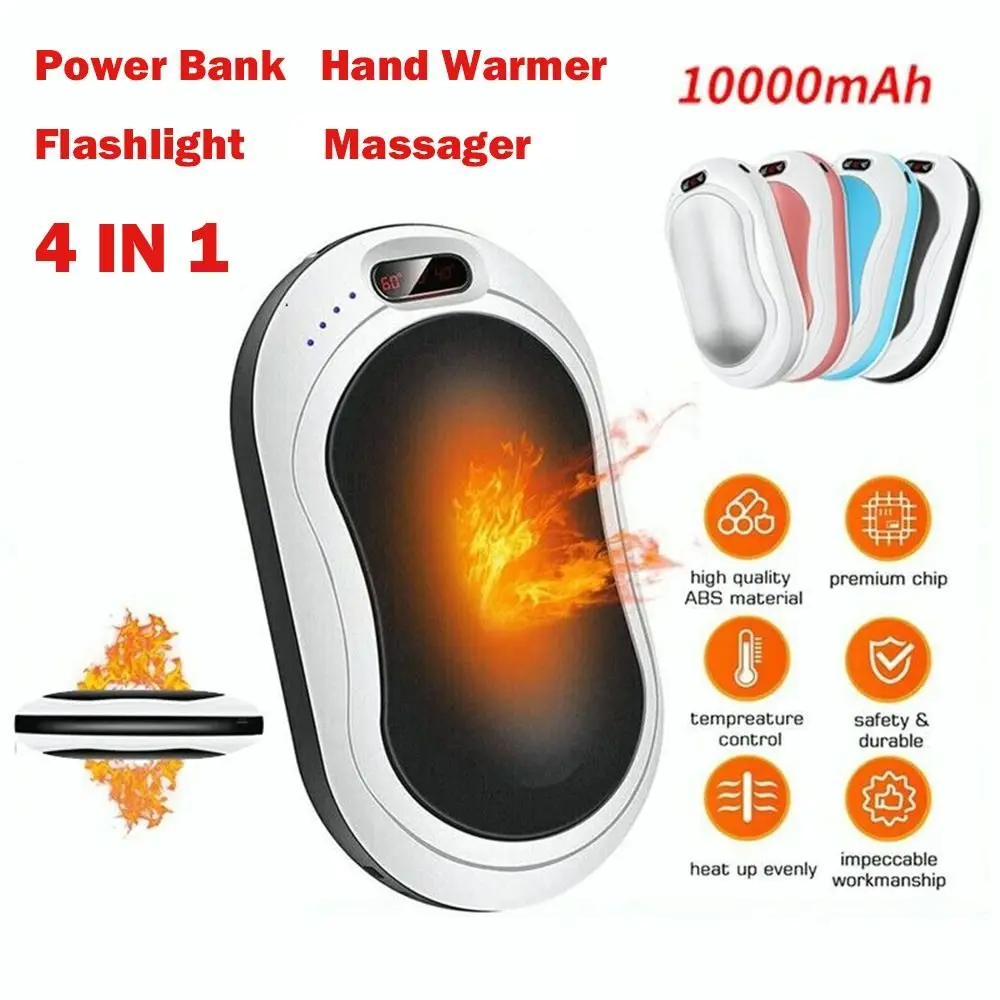 Portable Double-Side Heating 4 IN 1 USB Rechargeable Hand Warmer 10000mAh Power Bank LED Flashlight Massager