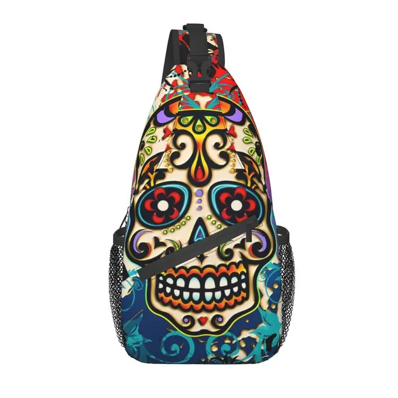 

Mexican Sugar Skull Crossbody Sling Backpack Men Custom Day of The Dead Shoulder Chest Bag for Cycling Camping Daypack