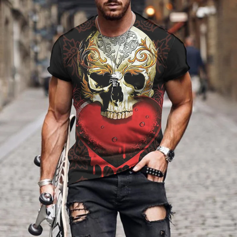 

2022 New Mens T-Shirt Skull Hearts T Shirts Men Fashion Casual Man Short sleeve Tshirt Summer Loose Mens Tees O Neck Tops S-6XL