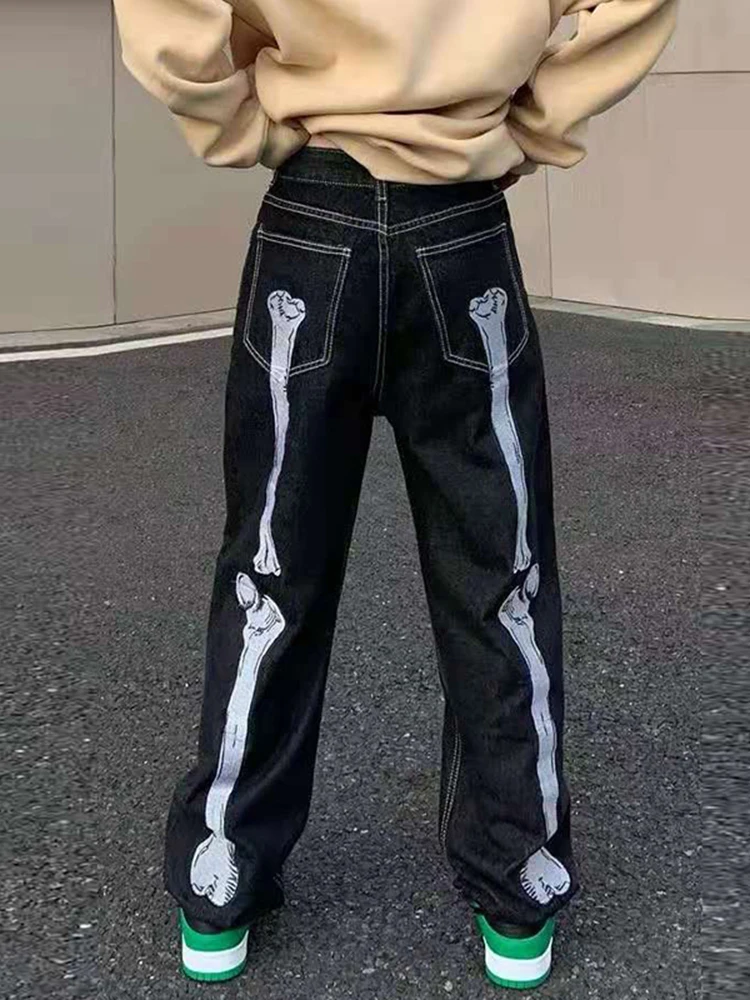 Four Seasons Vintage Skull Hand Embroidered Washed Men Jeans Pants Vibe Style Straight Casual Trousers Streetwear Y2k Pants Men