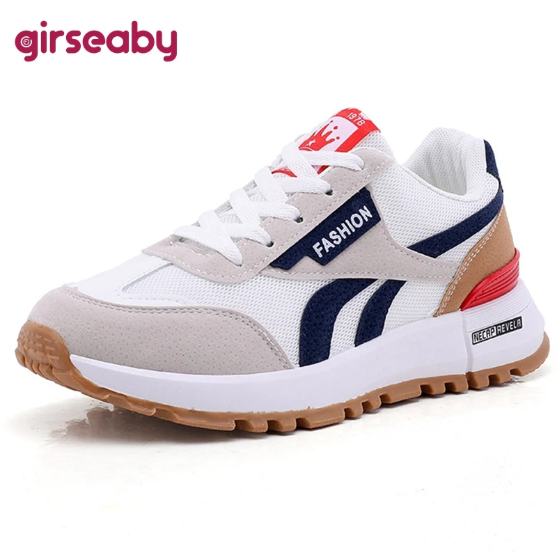 

Girseaby Women's Sneakers Round Toe Flats Mesh Splice Lace-up Running Shoes Size 35-40 Casual Mix-Color White Black Spring S3457