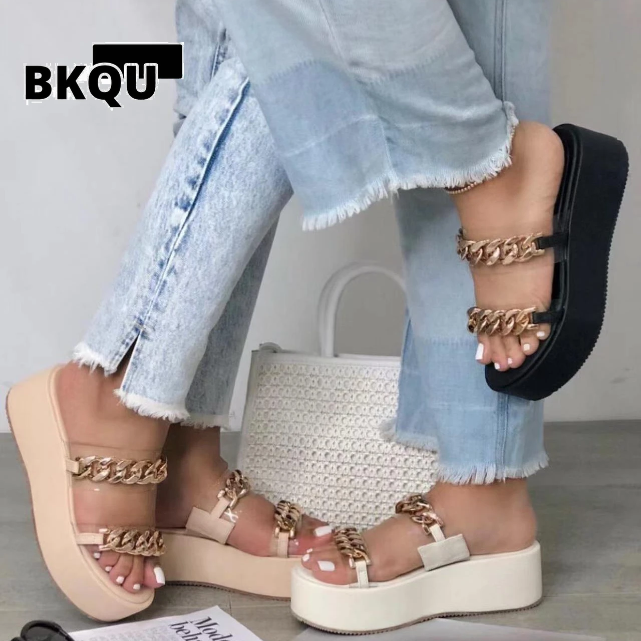 

Summer Shoes PVC Chain Flat Platform Sandals Women Soft Bottom Buckle Casual Open Toe Transparent Wedges Luxury Slides Cute