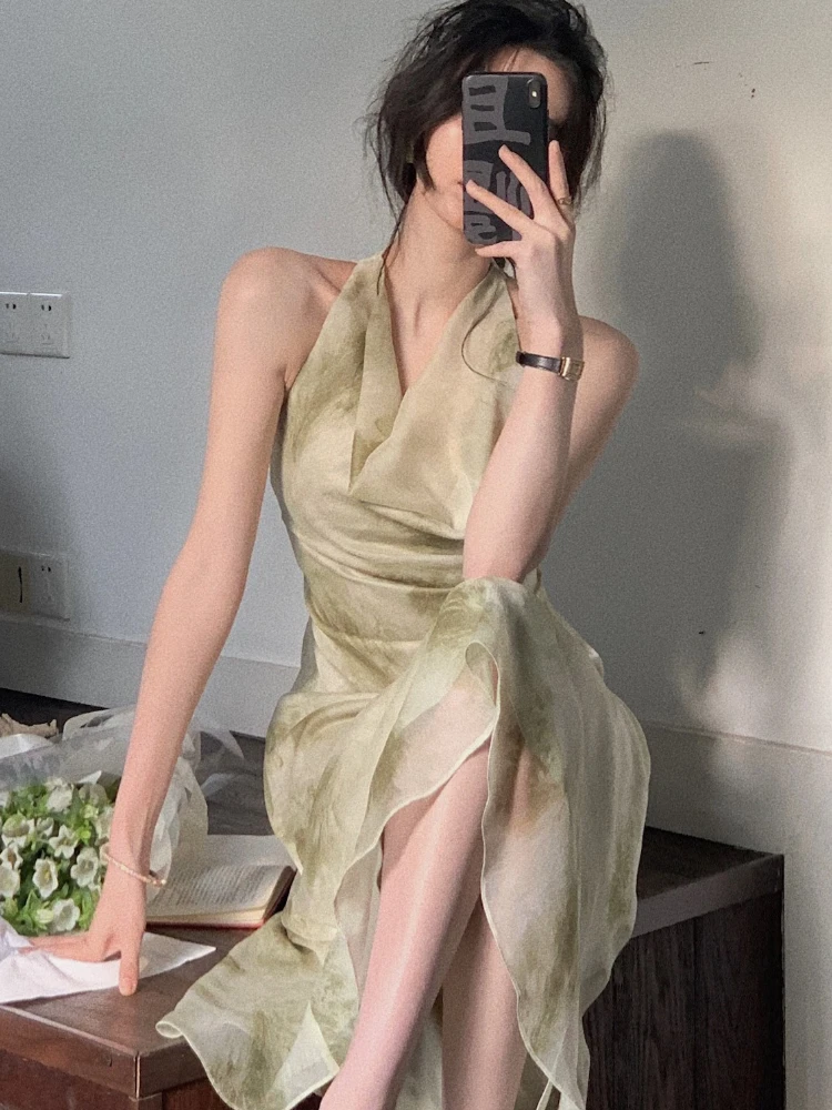

Vintage Sexy Sleeveless Neck-mounted Party Maxi Dresses for Women Halter Spaghetti Strap Folds Midi Dress Elegant Fashion Summer