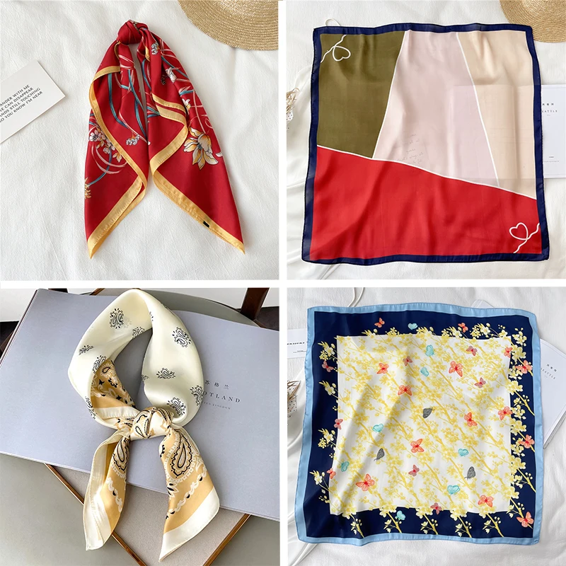 Шелковый шарф для женщин с принтом, сатиновый волосокосынка и обертывания, женская бандана квадратные шарфы моды леди некерчиф хиджаб головная повязка на 2022 год.