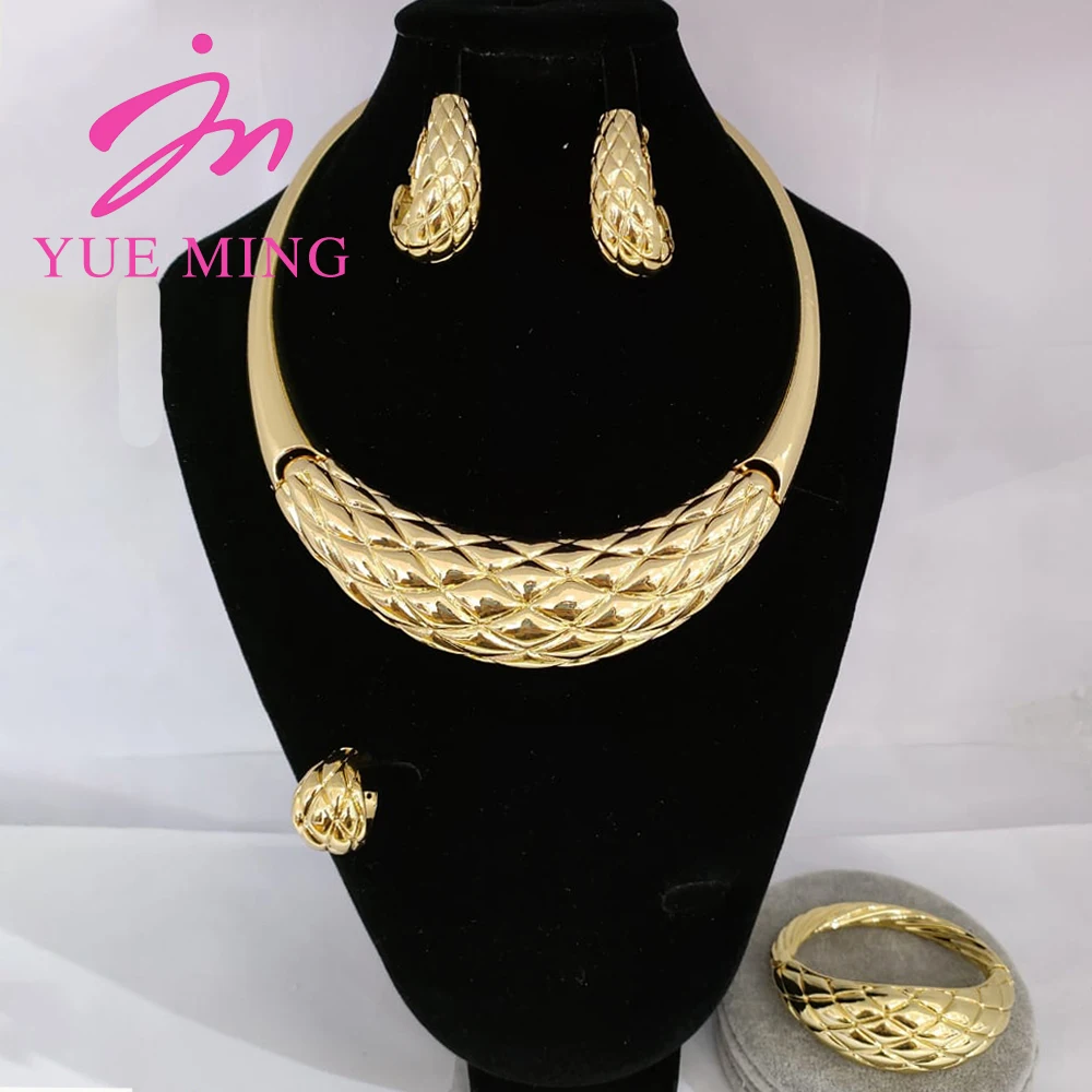 

YM Gold Plated Jewelry Set For Women Dubai Bridal Wedding Necklace Earrings Bracelect Rings Set African Necklace Choker Gifts