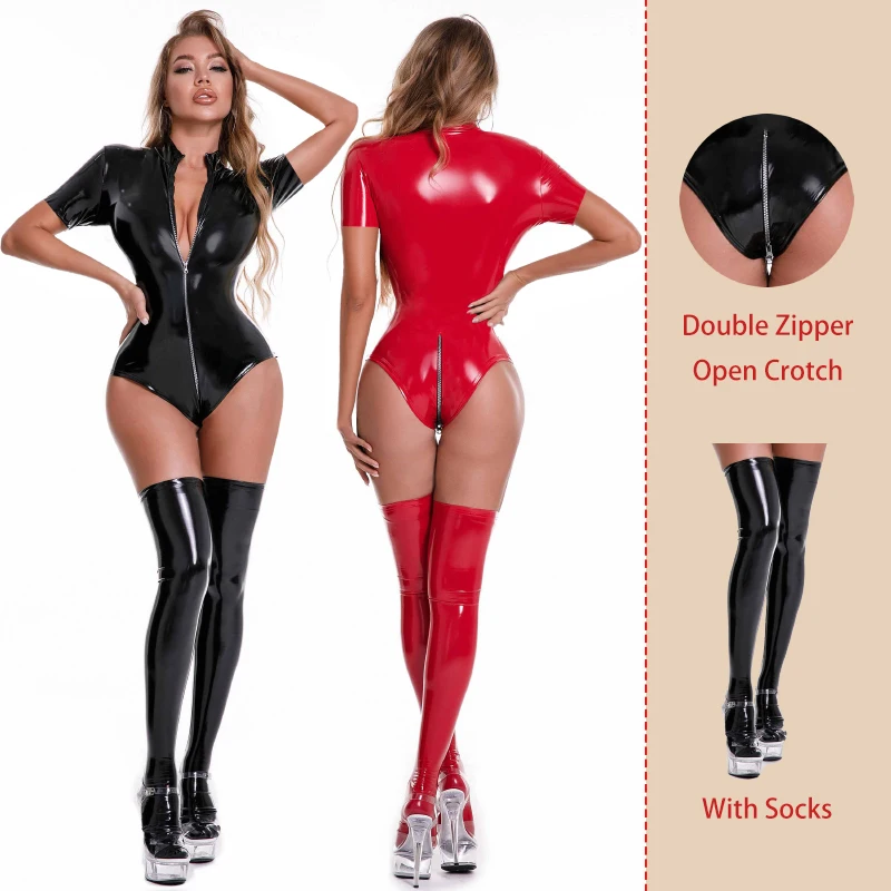 

Боди женское из искусственной кожи на двойной молнии с носками