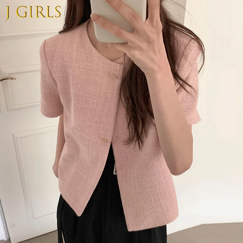 

J GIRLS Summer Simple Round Neck Women Jacket 2022 New Single Row Two Buttons Tweed Short Sleeve Cropped Coat Solid Fashion